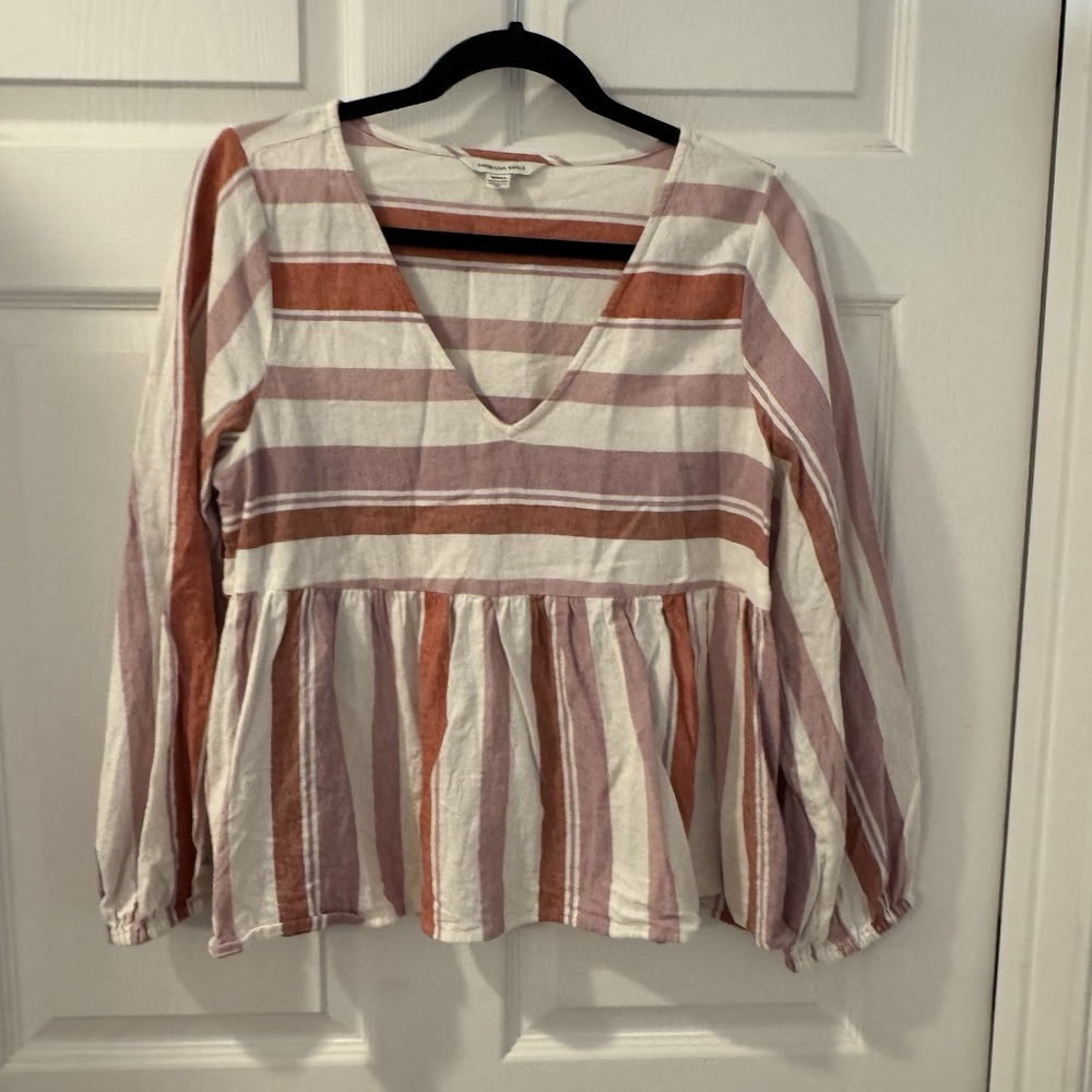 American Eagle Babydoll Tunic Top Sz‎ M White Pink Striped V-Neck Cotton Blend
